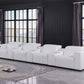 179" White Top Grain Leather Power Reclining Sofa with USB | Modern Modular Couch in modern living room setting.