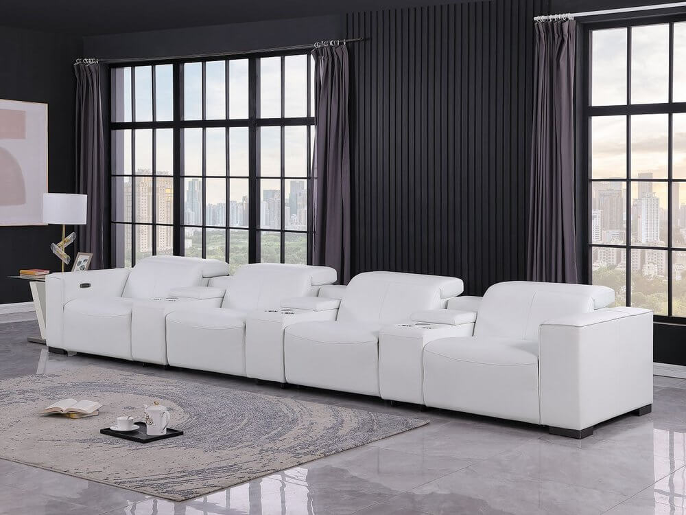 179" White Top Grain Leather Power Reclining Sofa with USB | Modern Modular Couch in modern living room setting.