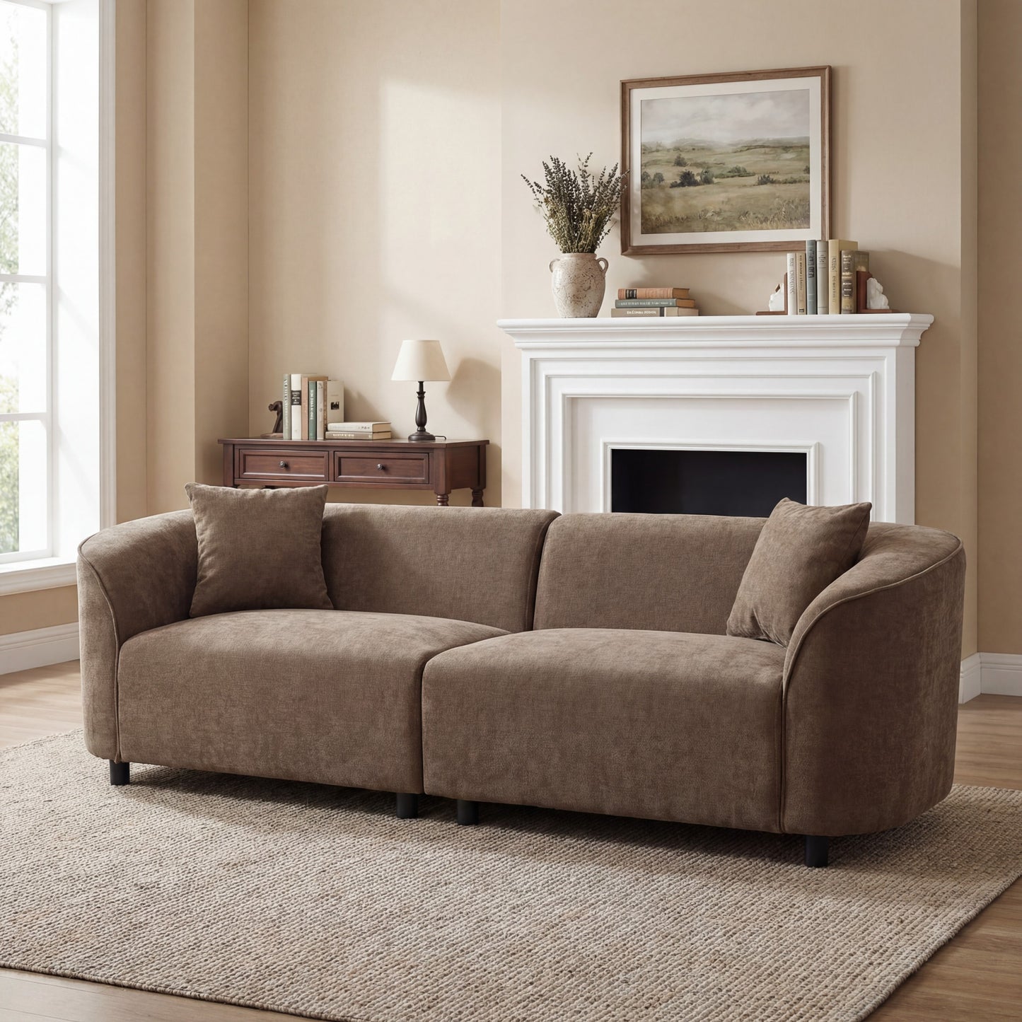 Cavell Curved Contemporary Sofa – 87" Brown Sculptural Sofa with Plush Seating