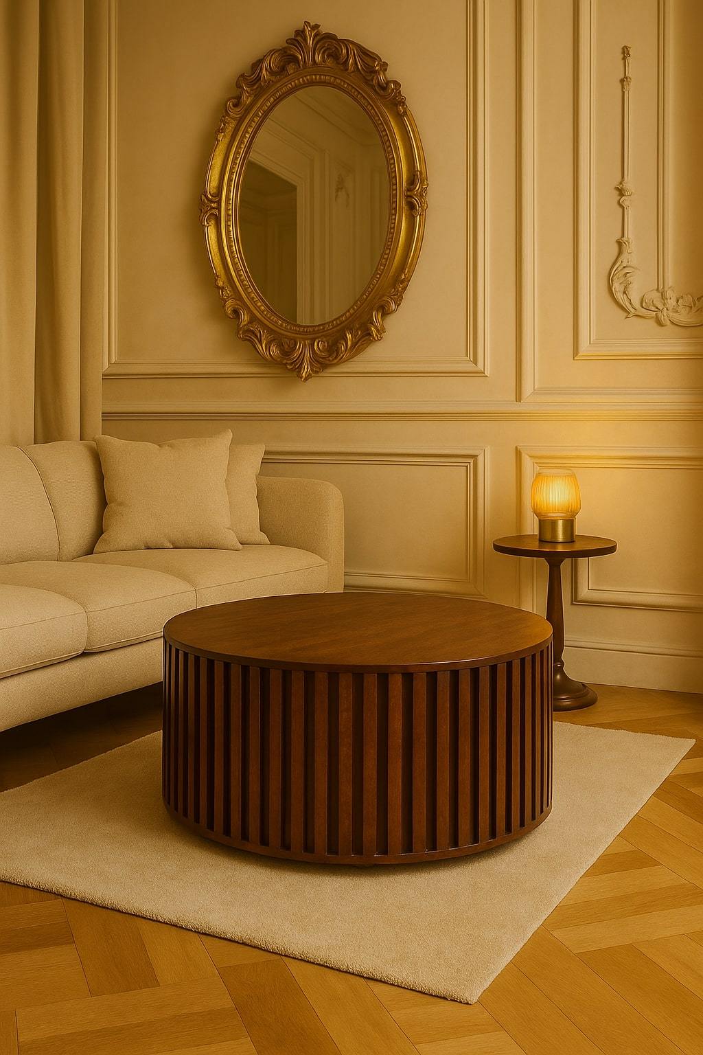 Zola California Walnut Mango Wood Coffee Table – 31.5" Round Slatted Storage Coffee Table