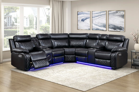 Rafferty Black Faux Leather Power Reclining Sectional – 109" 3-Piece Sofa With Speakers & LED Lighting