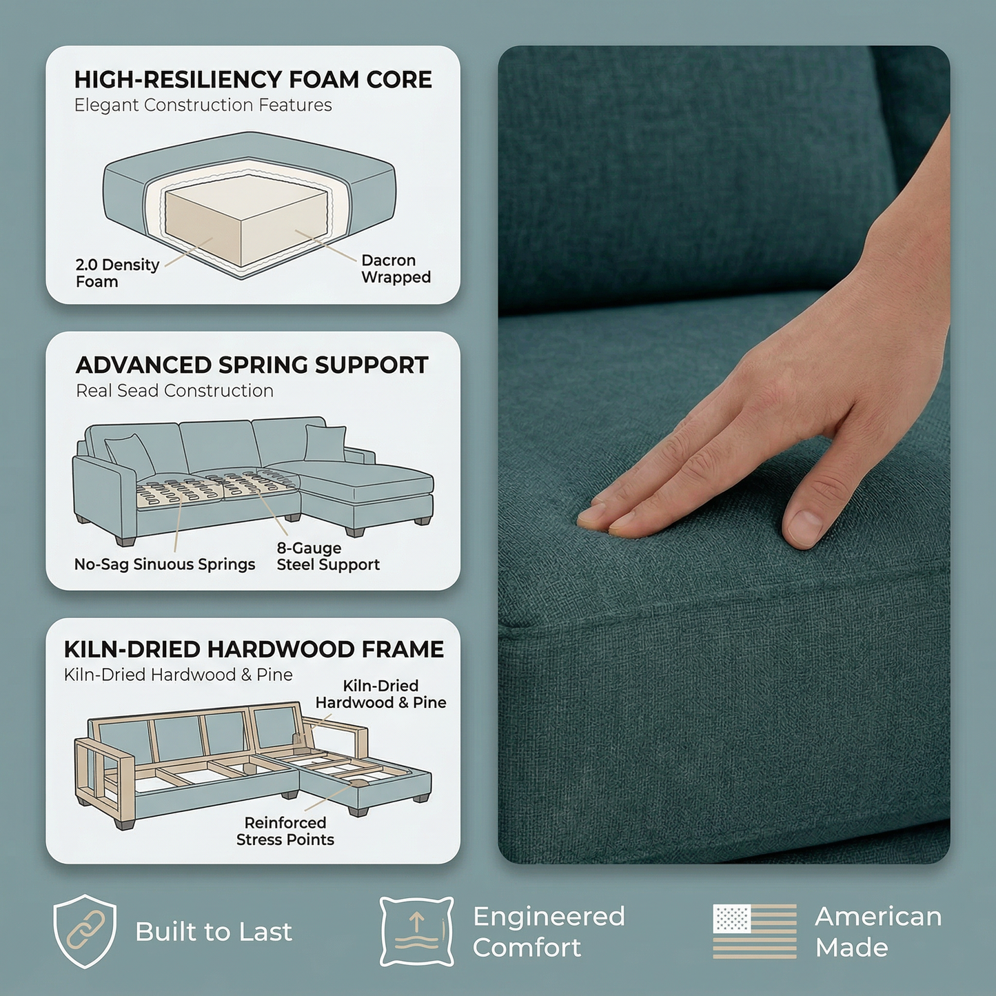 Clifford L-Shaped Sectional Sofa – Made in USA, 9 Fabric Options - Hepburn Teal - Fabric (12)
