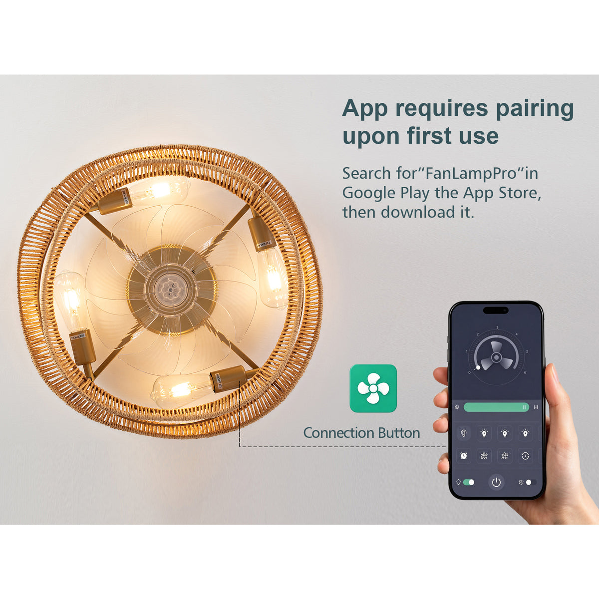19-inch recessed Bohemian paper-cord ceiling fan light, featuring dual control via a Bluetooth app and remote control, six-speed reversible quiet brushless motor for bedrooms/balconies/vacation homes – view 15