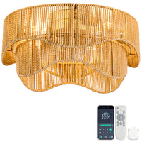 19-inch recessed Bohemian paper-cord ceiling fan light, featuring dual control via a Bluetooth app and remote control, six-speed reversible quiet brushless motor for bedrooms/balconies/vacation homes