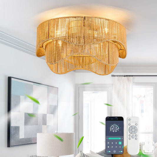 19-inch recessed Bohemian paper-cord ceiling fan light, featuring dual control via a Bluetooth app and remote control, six-speed reversible quiet brushless motor for bedrooms/balconies/vacation homes – view 2