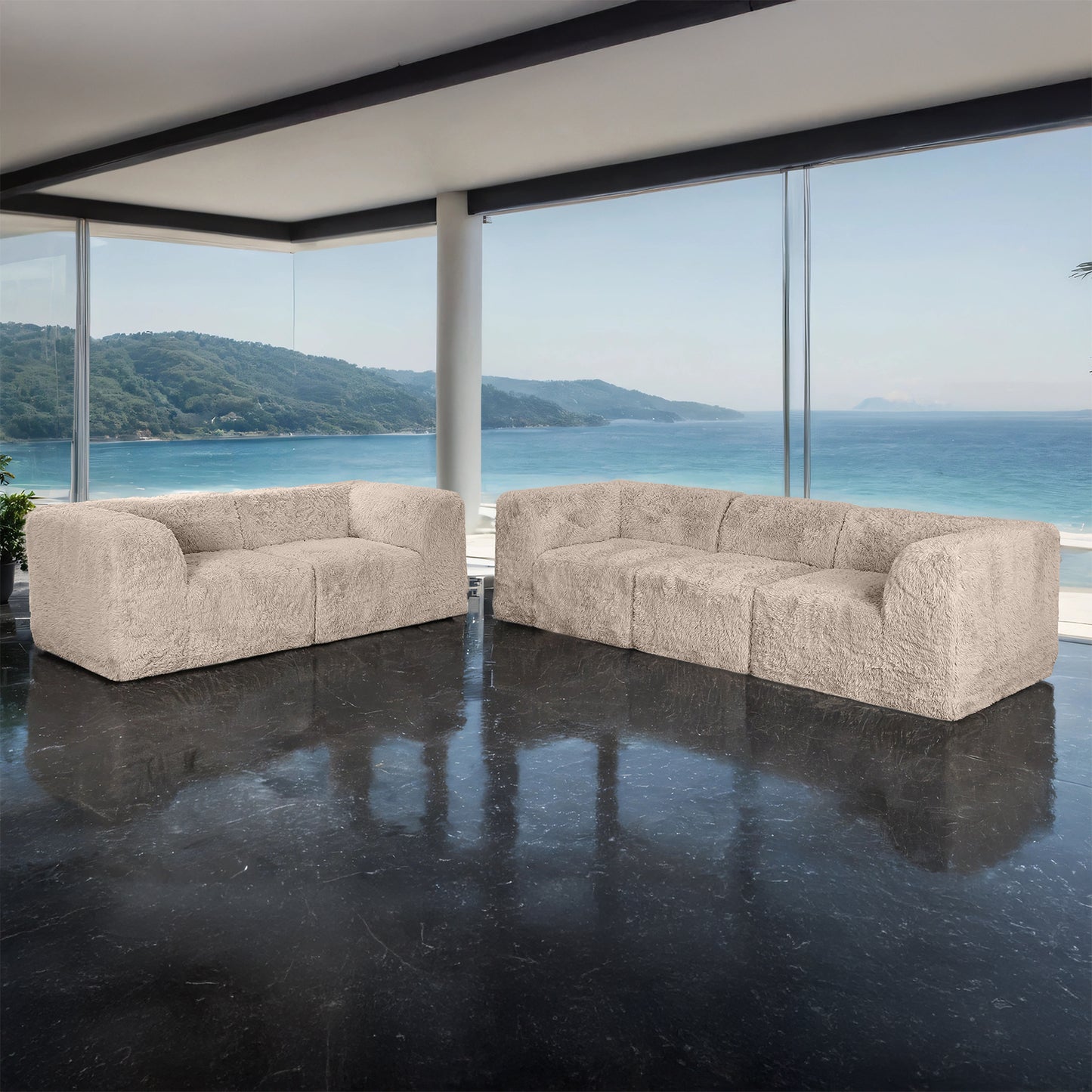 Merrick Faux Fur Modular Sofa & Loveseat – 107" 5-Piece Sectional Set