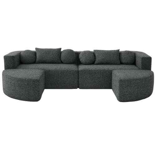 Boneless Boucle Modular Sectional Sofa 115” – Deep Seat Curved U-Shaped Foam Couch for 6