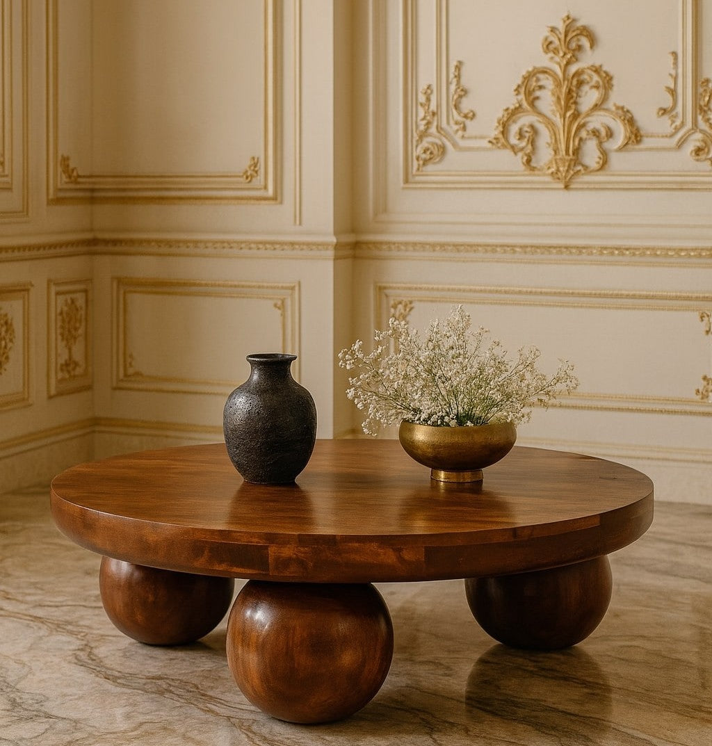 Remy Chestnut Mango Wood Coffee Table – 31.5" Round Low Coffee Table with Ball Feet