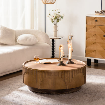 Garnet Natural Wood Fluted Round Coffee Table – 36.2" Moon-Cut Pedestal Coffee Table