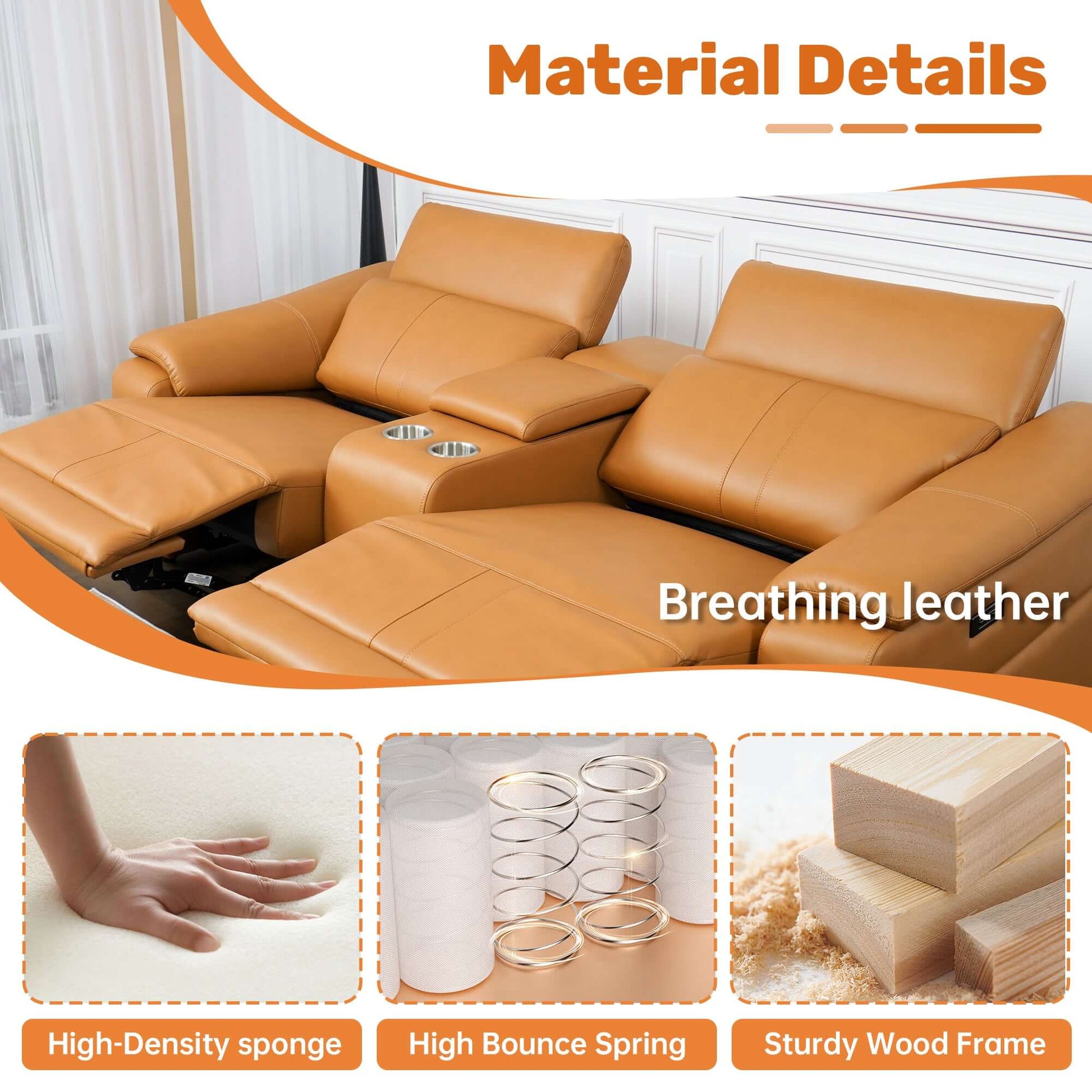 Material details of 118" Modular Leather Recliner Sectional Sofa – 3-seat Power Reclining Sofa with Cup Holders.