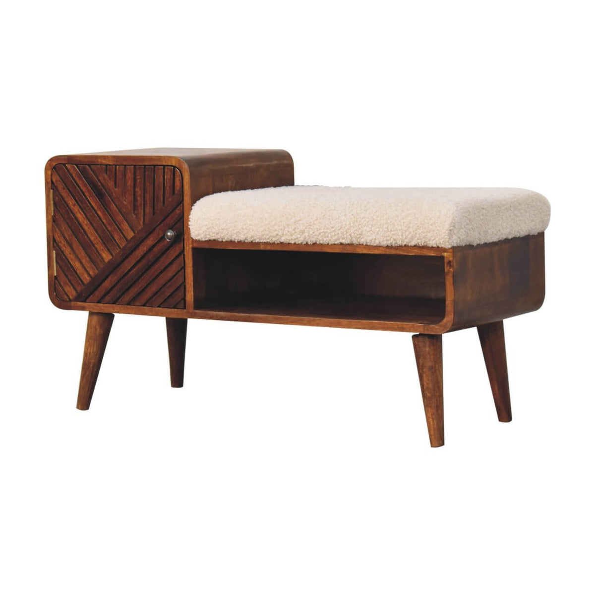 Artisan Solid Mango Wood Boucle Padded Storage Bench 35'