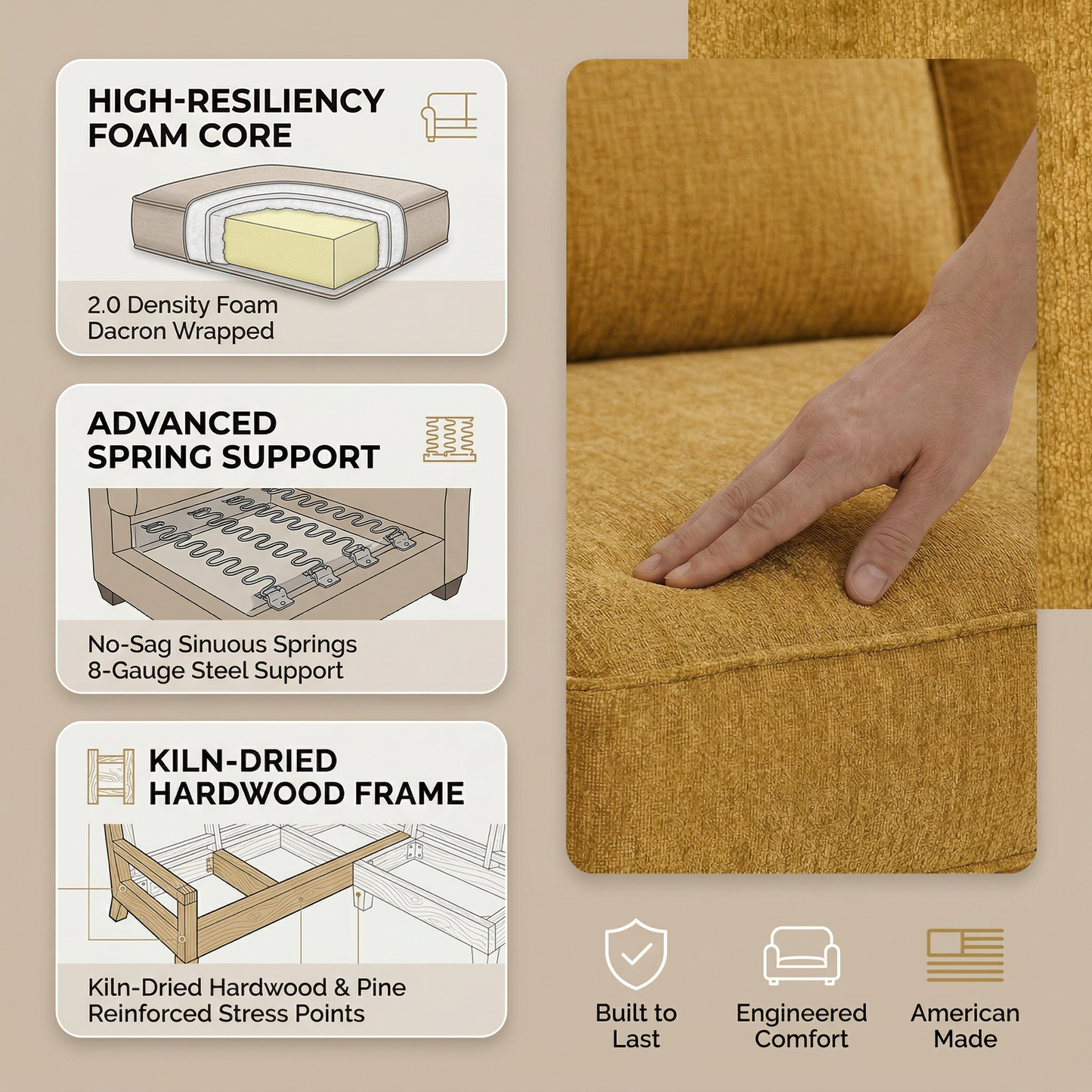 Irlanda Upholstered L-Shaped Sectional – 120" Made-in-USA Sectional Sofa - Hepburn Chai Tea Yellow Fabric (13)