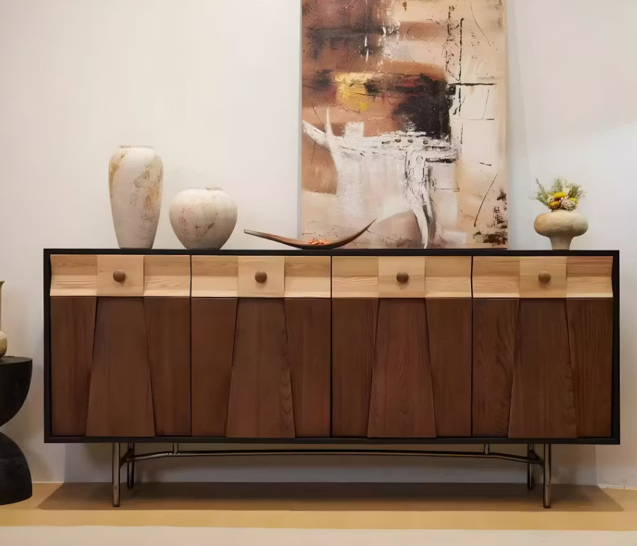 Wrenna Walnut Sideboard – 63" Geometric Solid Ash Storage Cabinet