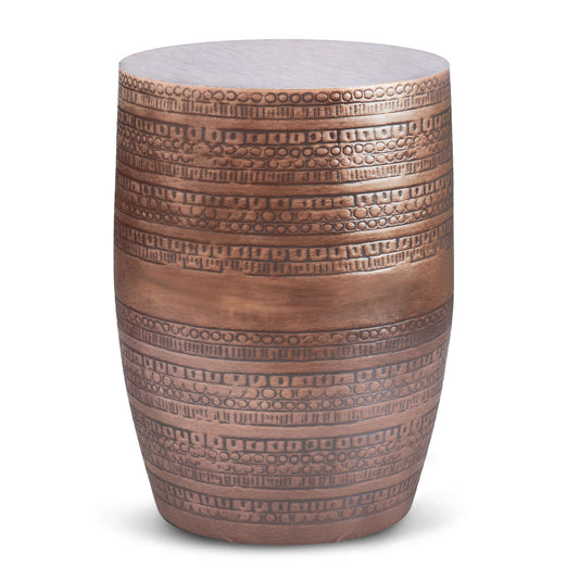 Engraved Antique Copper Round Accent End Table 15W showcasing unique texture and handcrafted details.