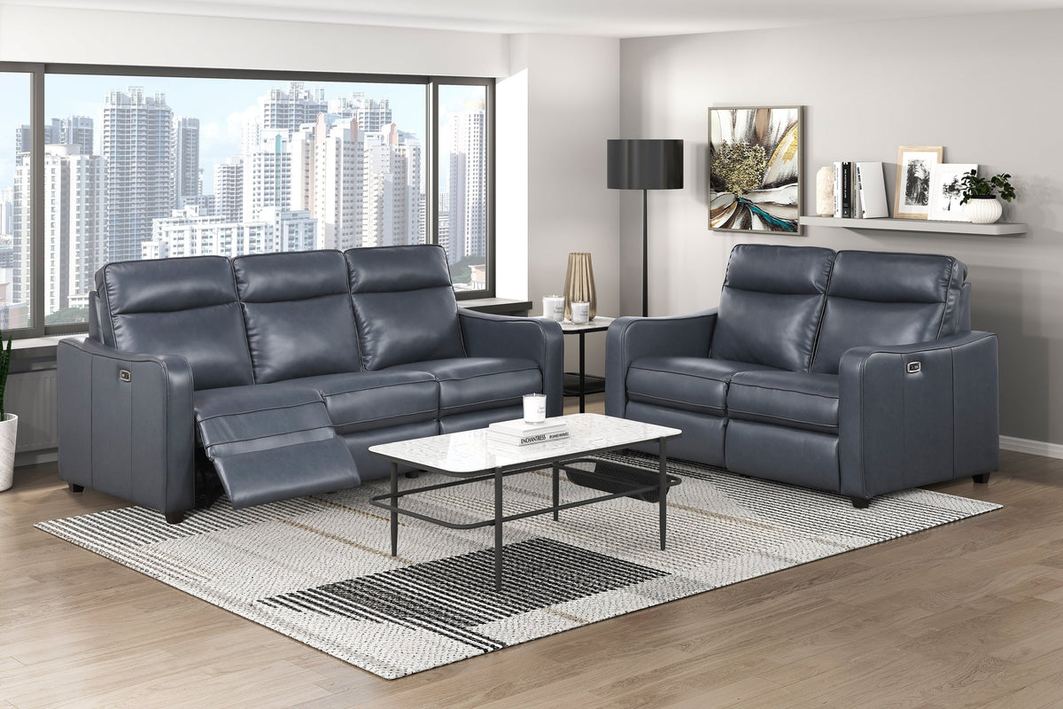 Haddon power reclining sofa and loveseat set in navy faux leather
