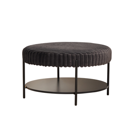 Charcoal Upholstered Round Ottoman Coffee Table Foot Rest with Black Metal Legs and Wooden Open Storage Shelf