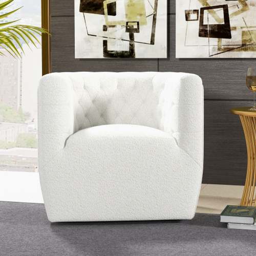 Delaney Tufted Swivel Barrel Chair – Modern Accent Chair (Multiple Colors & Fabrics) in white, showcasing elegant tufted design.