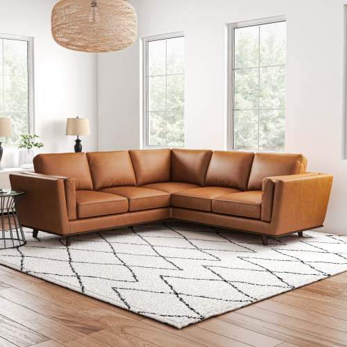 Erman MCM Genuine Leather Corner Sofa Sectional 89" – Mid-Century Modern Leather Sectional in a stylish living room setting.