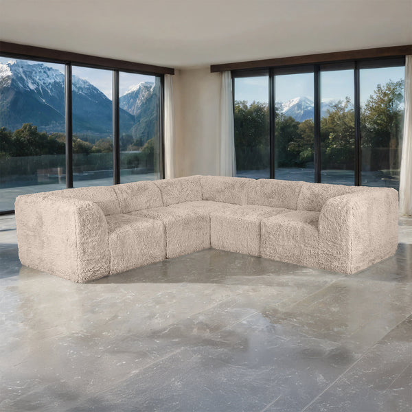 Cavell Faux Fur L-Sectional Sofa – 5-Piece Taupe Sofa, Ottoman Not Included