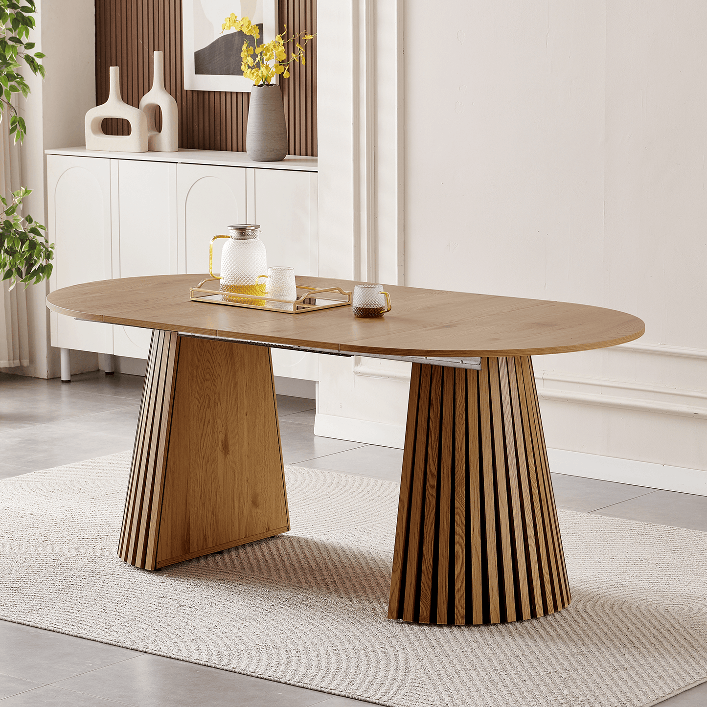Extendable Oval Dining Table designed for 6, showcasing a beautiful wooden finish and stylish space-saving features.