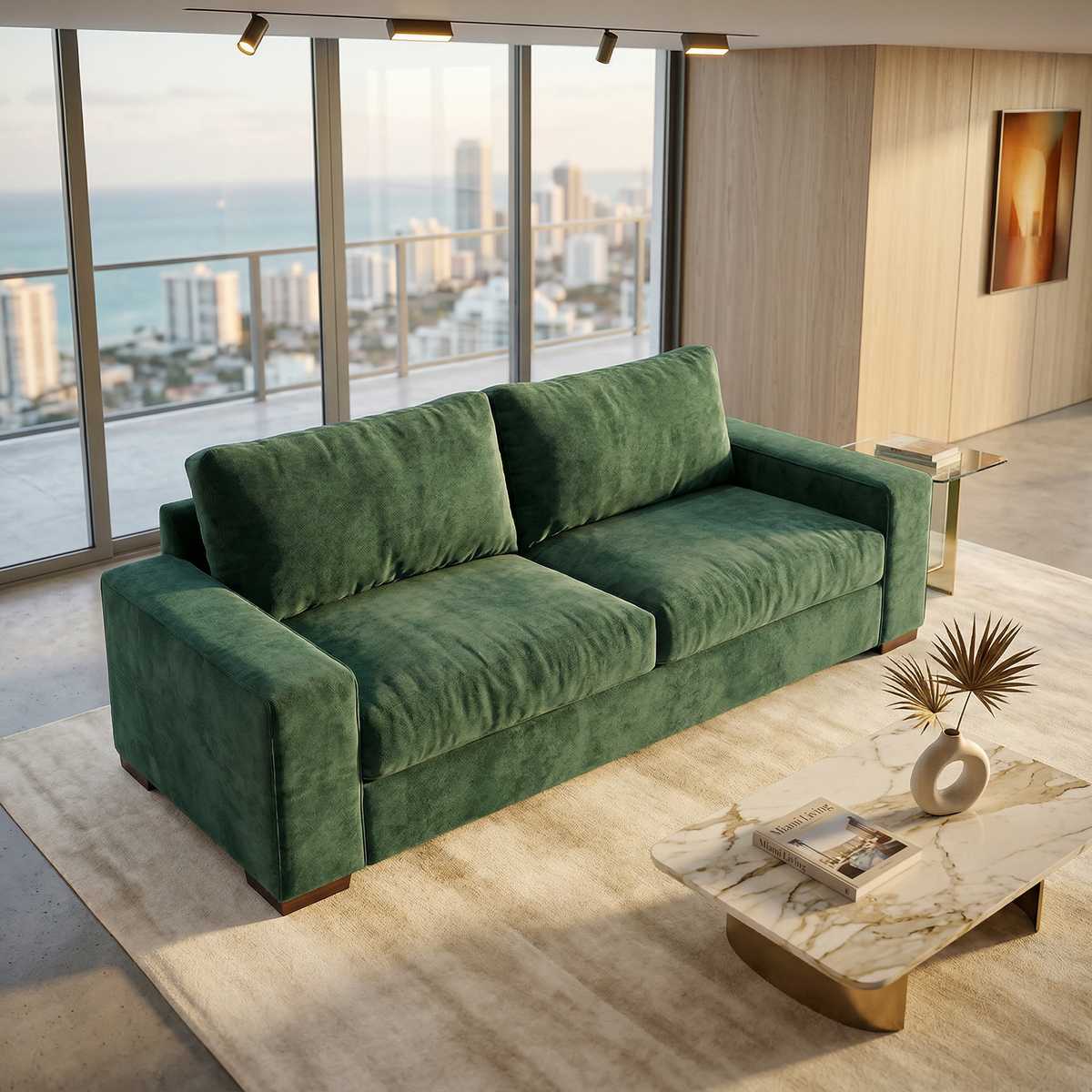Modena Sofa 92" – Made in USA Square-Arm Sofa (7 Fabrics) - Velvet Antique Kelly Green - Velvet (2)