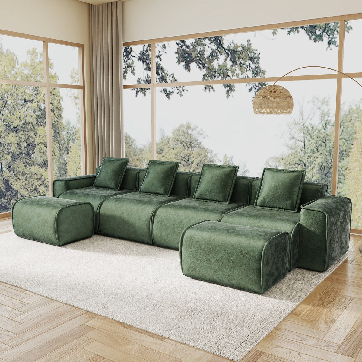 Brisa Velvet Modular Sectional in Green, 4-Seat U-Shape