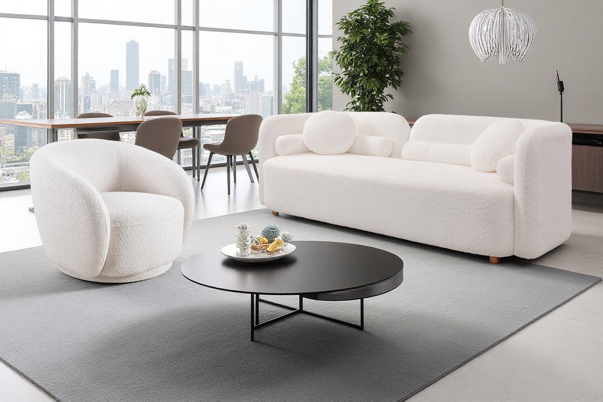 Idris Sofa Set in White, Sofa + 1 Swivel Chair