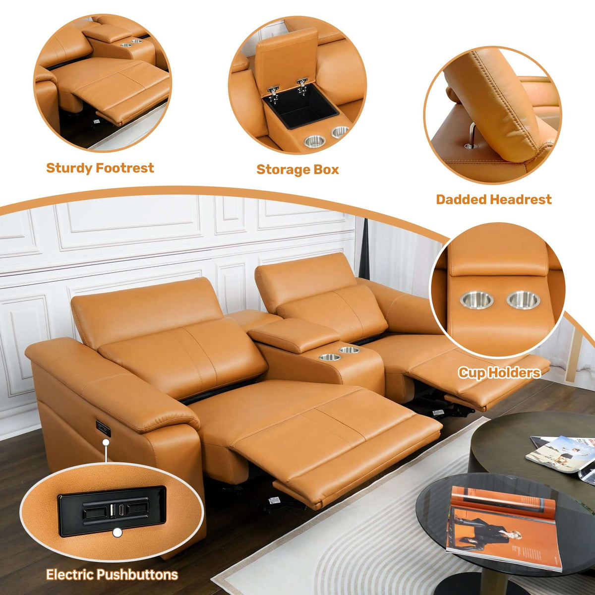 2-Seat Modular Leather Recliner Sofa with Cup Holders 88.5"W