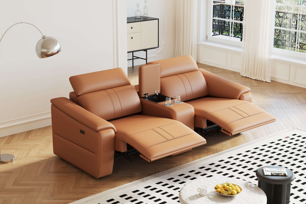 2-seat modular leather recliner sofa with cup holders in a stylish living room setting.