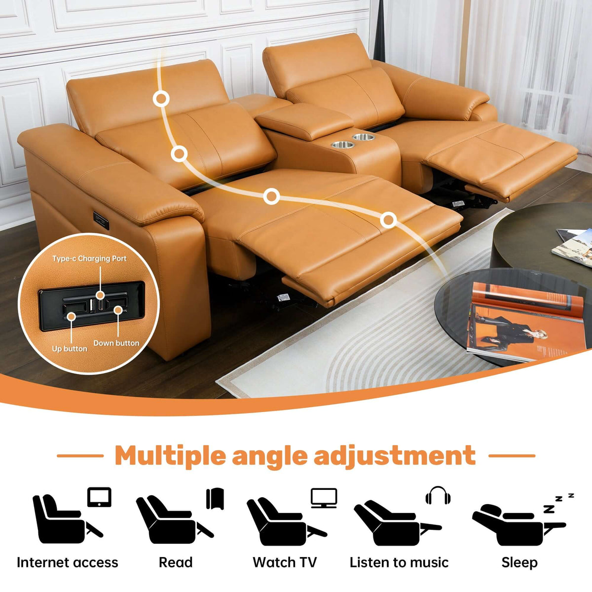 2-seat modular leather recliner sofa with cup holders and multiple angle adjustments for relaxation.
