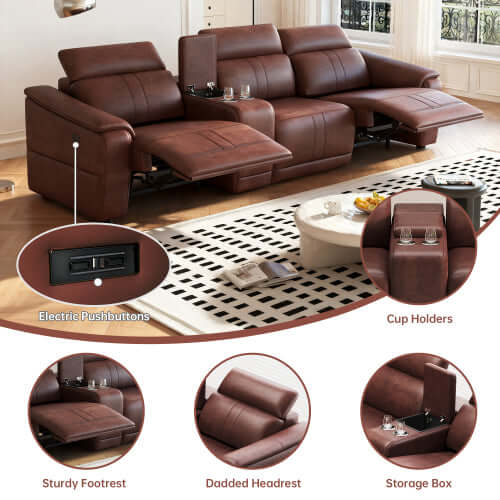 2-seat modular leather recliner sofa with cup holders and electric pushbuttons for ultimate comfort.