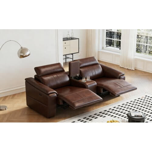 2-seat modular leather recliner sofa with cup holders in a bright living room setting.