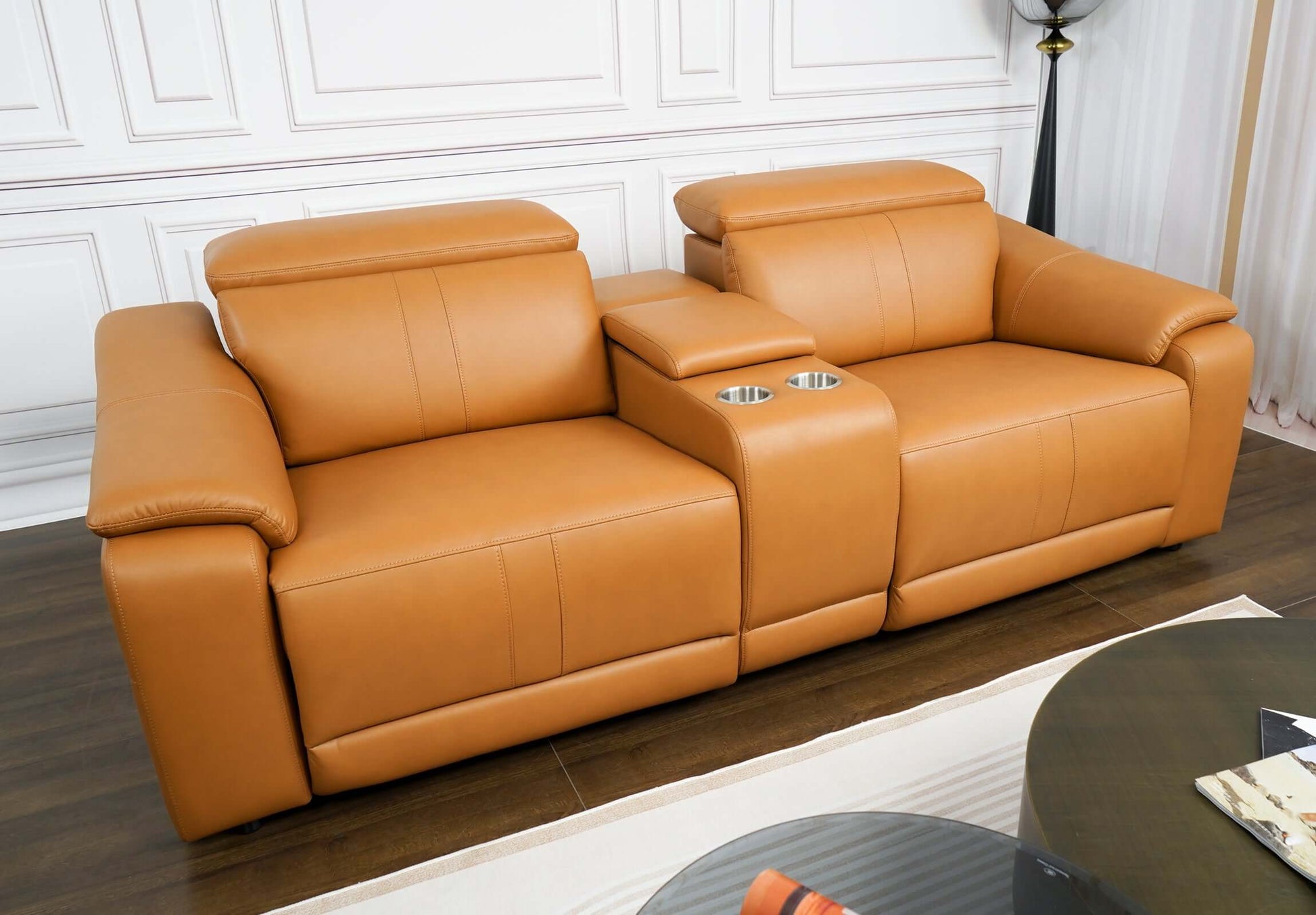 2-seat modular leather recliner sofa with cup holders, 88.5"W, perfect for relaxation and comfort in any living space.
