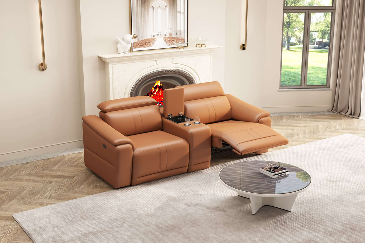 2-seat modular leather recliner sofa with cup holders in a modern living room setting.