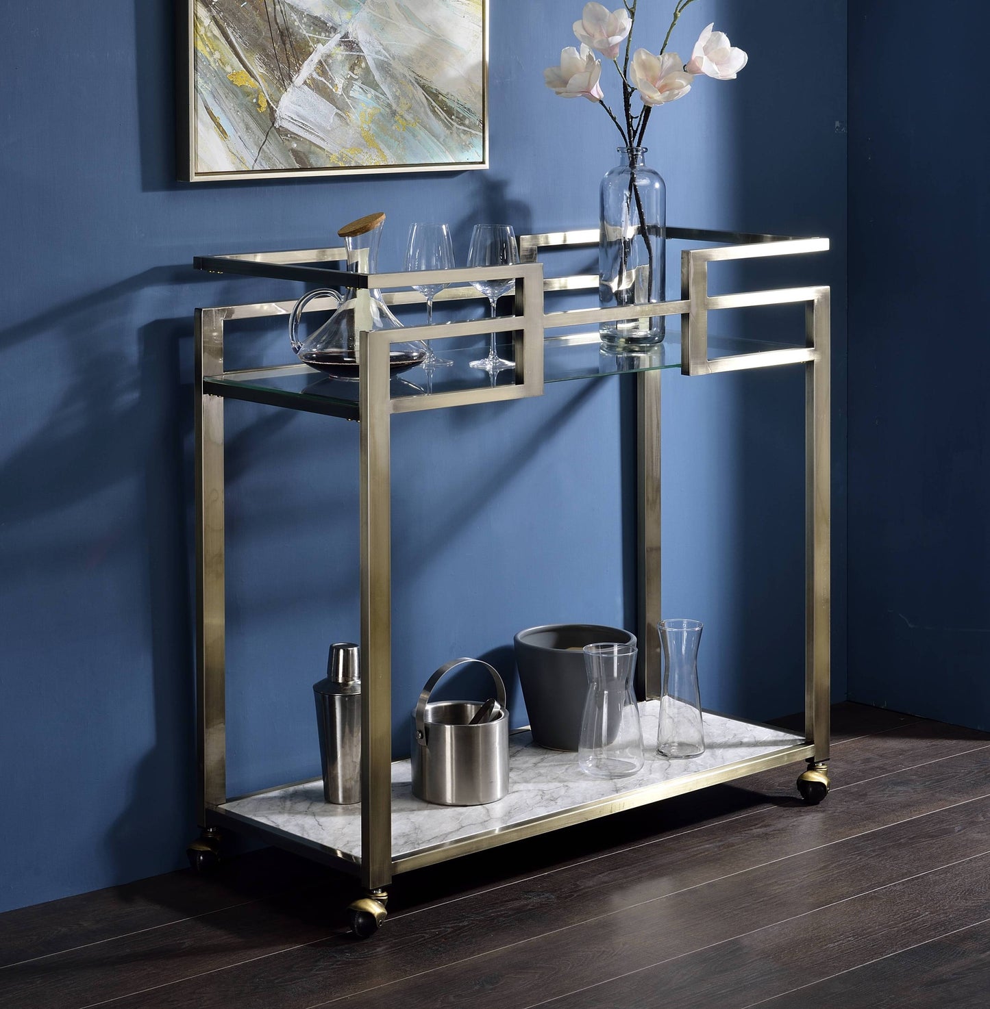 Neilo Clear Glass, Faux Marble Top & Brushed Brass Finish Serving Cart – 35" 2-Tier Serving Cart