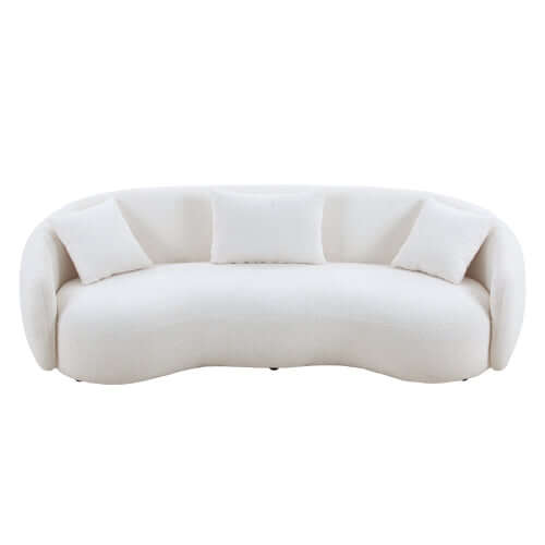Modern Boucle Curved Sofa 94" – Sculptural 3-Seater Upholstered Couch (4 Colors) in soft white boucle fabric.
