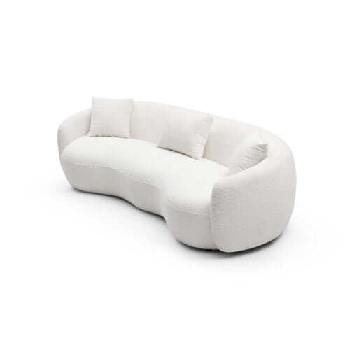 Modern Boucle Curved Sofa 94" – Sculptural 3-Seater Upholstered Couch (4 Colors) in soft white boucle upholstery.