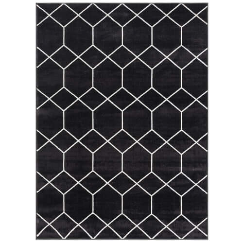 Trellis Black & White geometric woven area rug with hexagonal pattern, ideal for modern home decor.