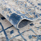 Close-up of Moroccan styled blue and beige area rug showing texture and intricate patterns.
