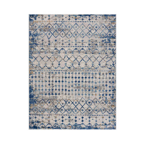 Moroccan styled blue and beige woven area rug, 6x9ft, featuring geometric patterns and textured design for elegant decor.