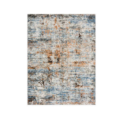 Abstract multi-color area rug featuring vibrant blue, orange, and neutral tones, perfect for modern living spaces.