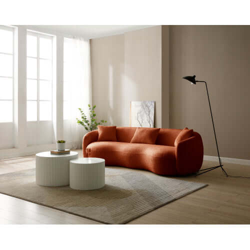 Modern Boucle Curved Sofa 94" – Sculptural 3-Seater Upholstered Couch (4 Colors) in a stylish living room setting.