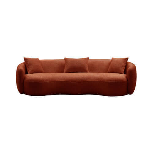 Modern Boucle Curved Sofa 94" – Sculptural 3-Seater Upholstered Couch (4 Colors) in warm orange fabric.