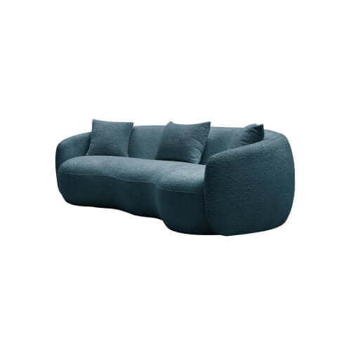 Modern Boucle Curved Sofa 94" – Sculptural 3-Seater Upholstered Couch (4 Colors) in soft blue boucle fabric.