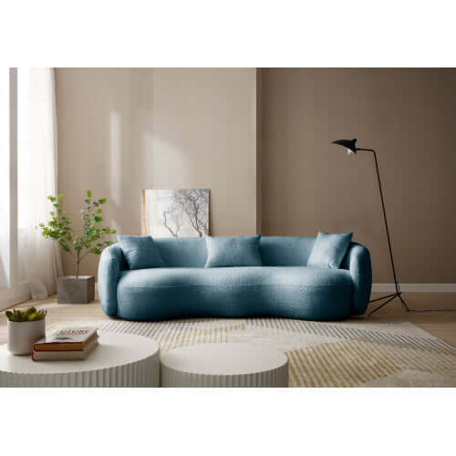 Modern Boucle Curved Sofa 94" – Sculptural 3-Seater Upholstered Couch (4 Colors) in a stylish living room setting.