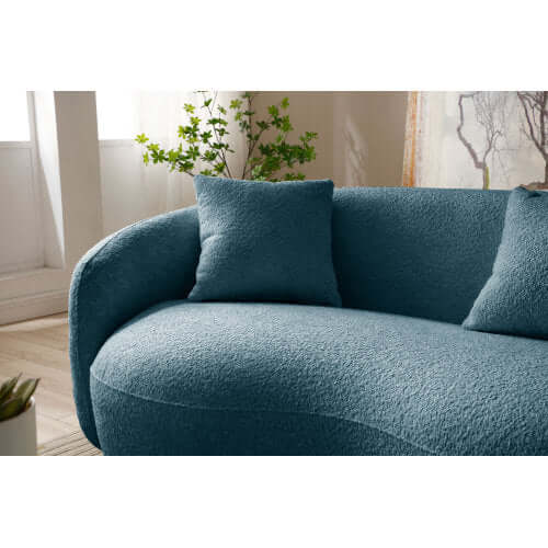 Modern Boucle Curved Sofa 94" – Sculptural 3-Seater Upholstered Couch (4 Colors) in teal fabric with plush cushions.