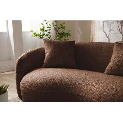 Modern Boucle Curved Sofa 94" – Sculptural 3-Seater Upholstered Couch (4 Colors) in cozy brown upholstery.
