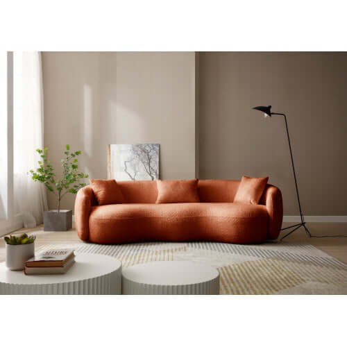 Modern Boucle Curved Sofa 94" – Sculptural 3-Seater Upholstered Couch (4 Colors) in an elegant living room setting.