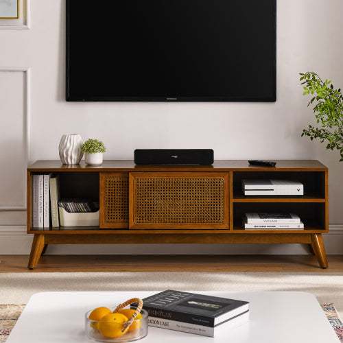 MCM Wood & Rattan Media Console TV Stand 59" – Mid-Century TV Stand (2 Colors) with natural texture and smart storage.