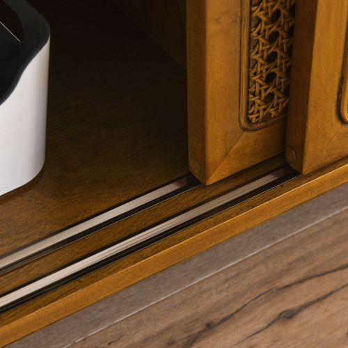 Close-up of MCM Wood & Rattan Media Console TV Stand 59" – Mid-Century TV Stand (2 Colors) showcasing storage details.